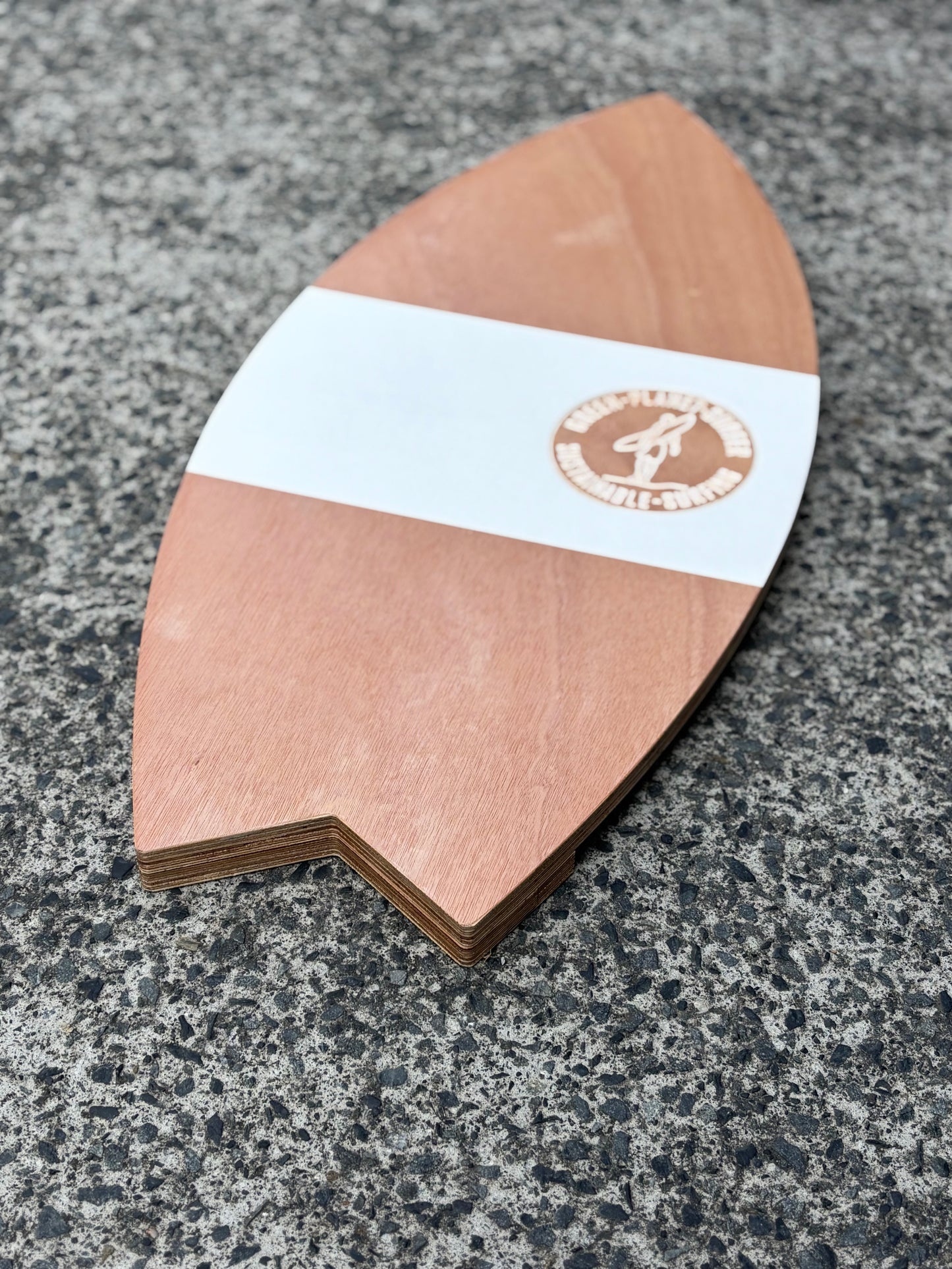 Retro Vibes timber balance board featuring a custom striped wood grain design for home surf practice.
