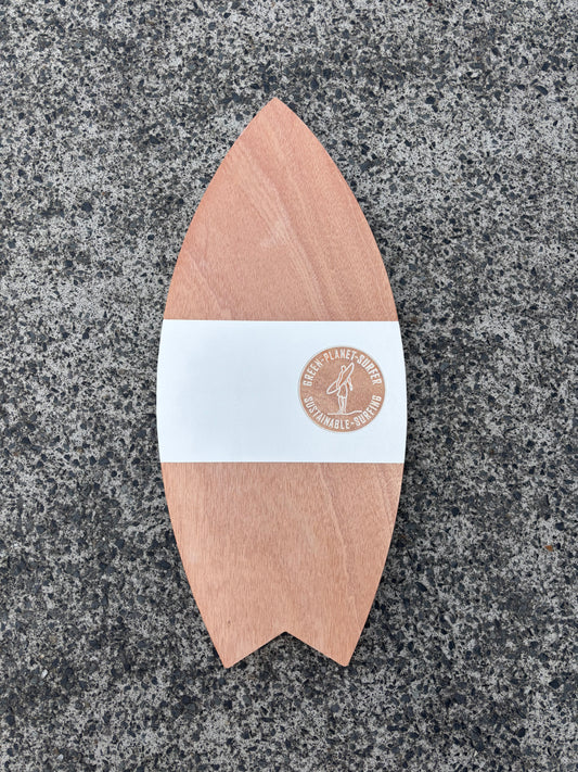 Retro Vibes timber balance board featuring a custom striped wood grain design for home surf practice.