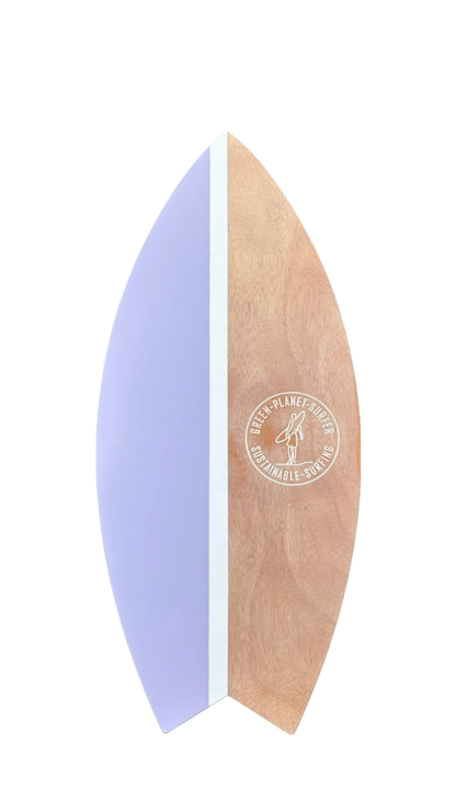 Purple balance board made from sustainable marine plywood with a natural cork roller on a white background